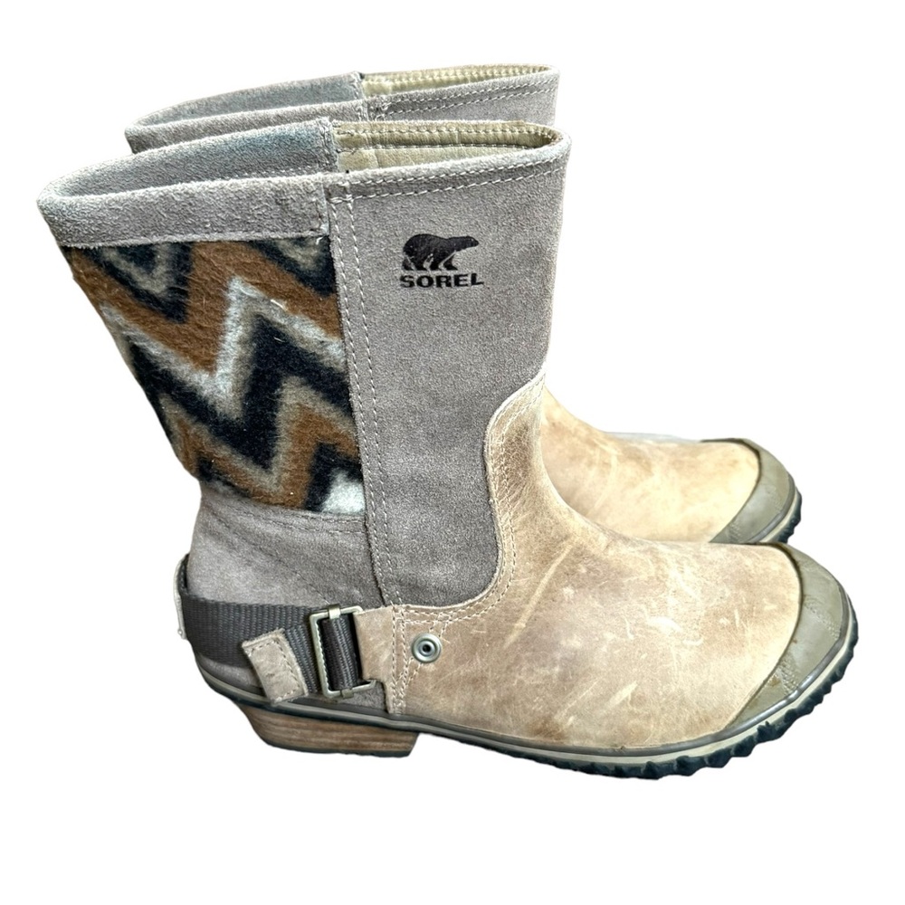 SOREL Slimshortie Chevron Boots Waterproof Gray & Tan Size 7